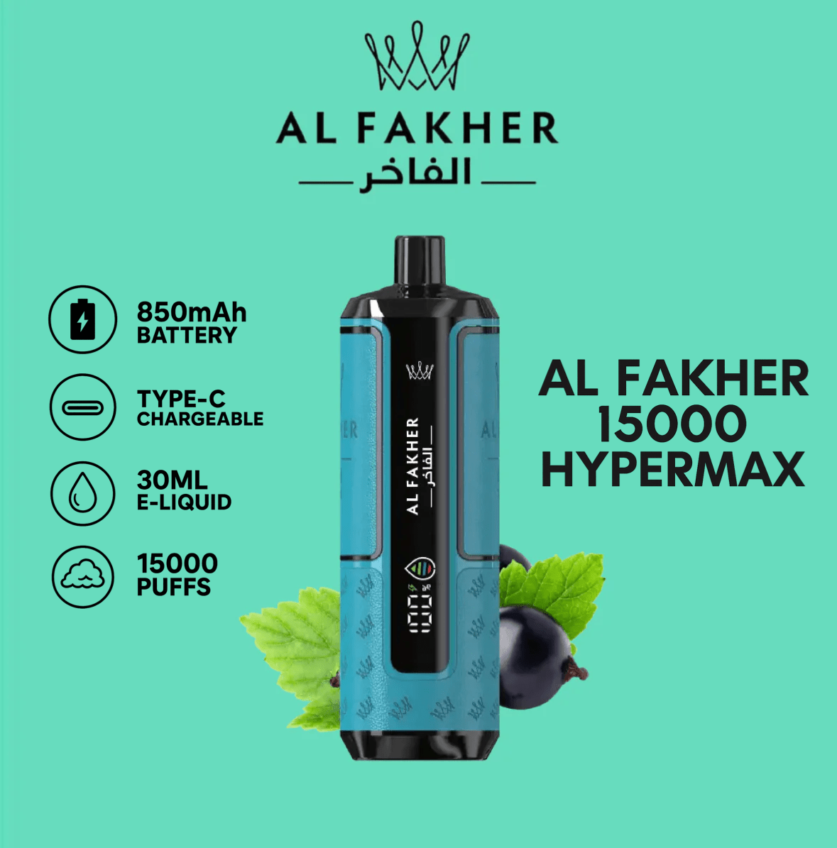 Al Fakher Hypermax 15K Einweg-Vape – Blackcurrant Mint Geschmack, 15.000 Züge, LED-Display, stylisches Design – erhältlich bei AlFakhervape24.