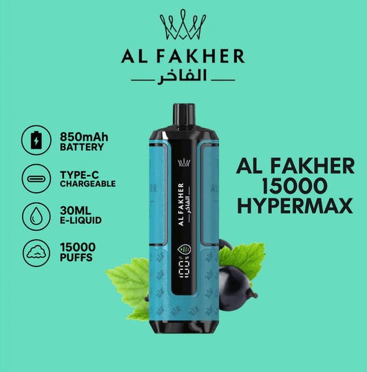 Al Fakher Hypermax 15K Einweg-Vape – Blackcurrant Mint Geschmack, 15.000 Züge, LED-Display, stylisches Design – erhältlich bei AlFakhervape24.