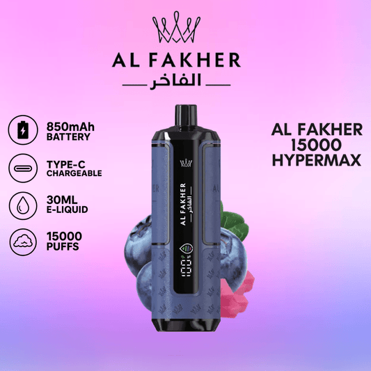 Al Fakher Hypermax 15K Einweg-Vape – Blueberry Gum Geschmack, 15.000 Züge, LED-Display, stylisches Design – erhältlich bei AlFakhervape24.